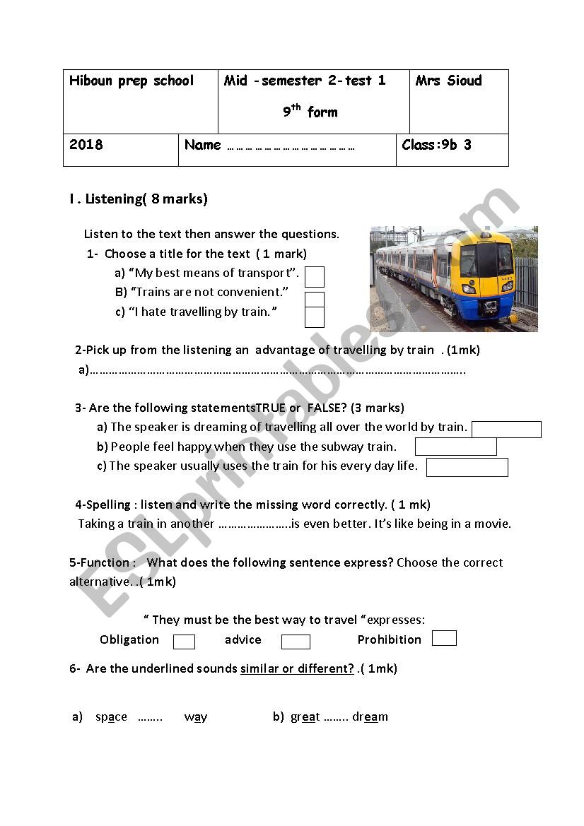 MID SEMESTER TEST  9T FORM worksheet