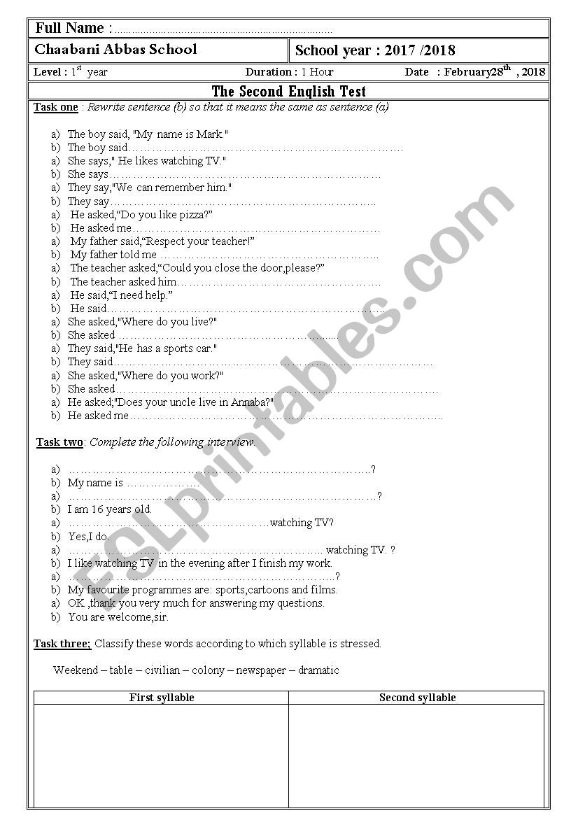 Second Term English Test worksheet