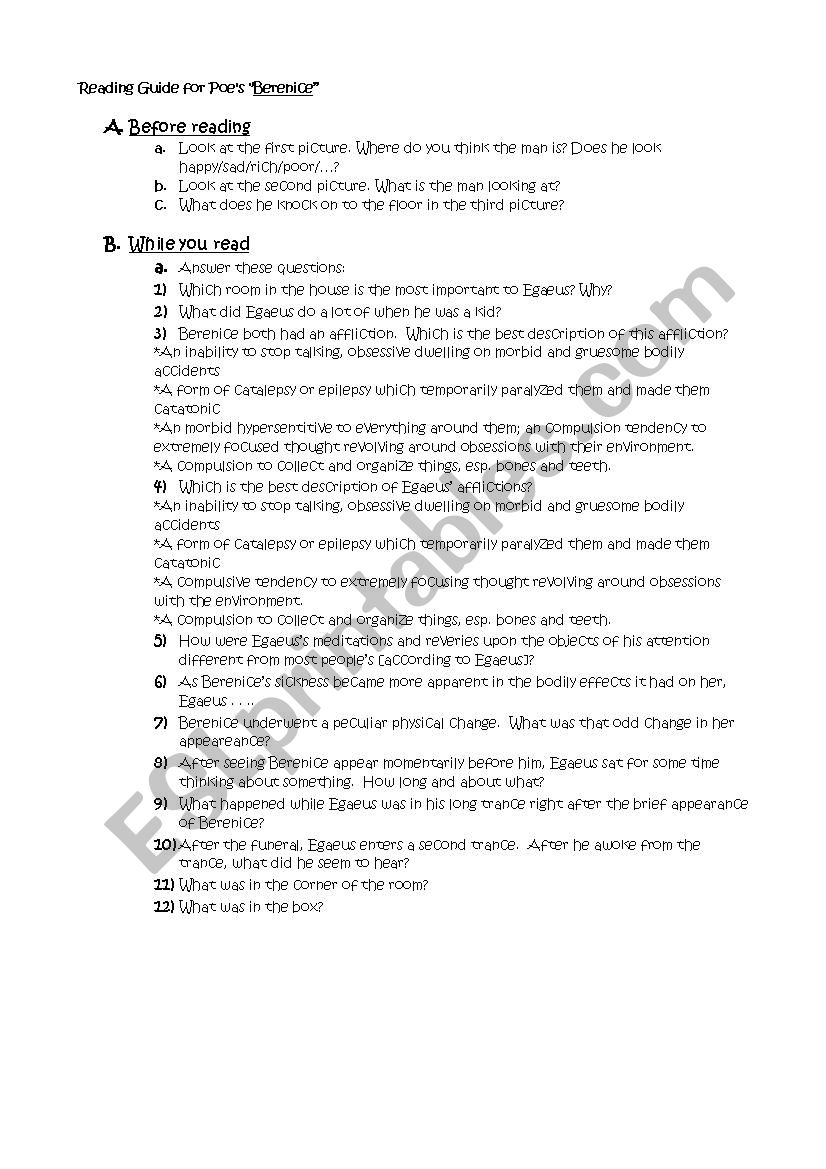 Berenice reading guide worksheet