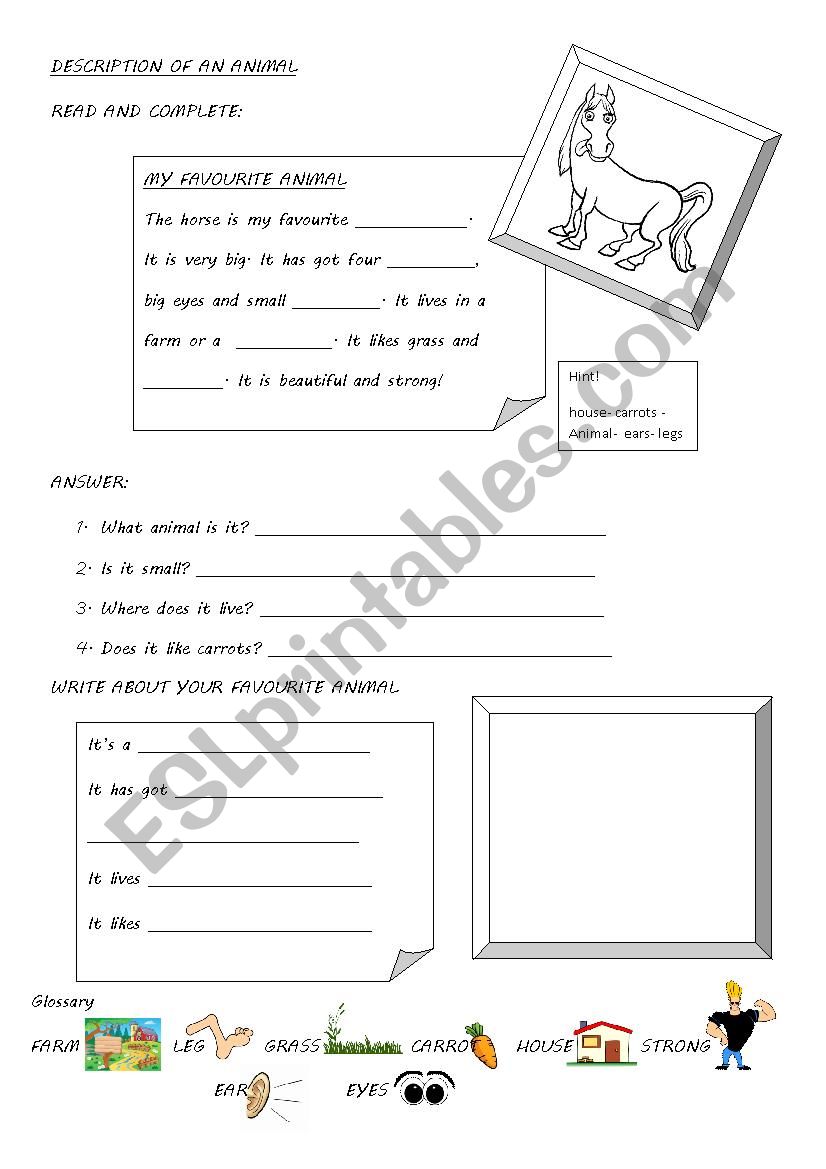 Description of an animal worksheet