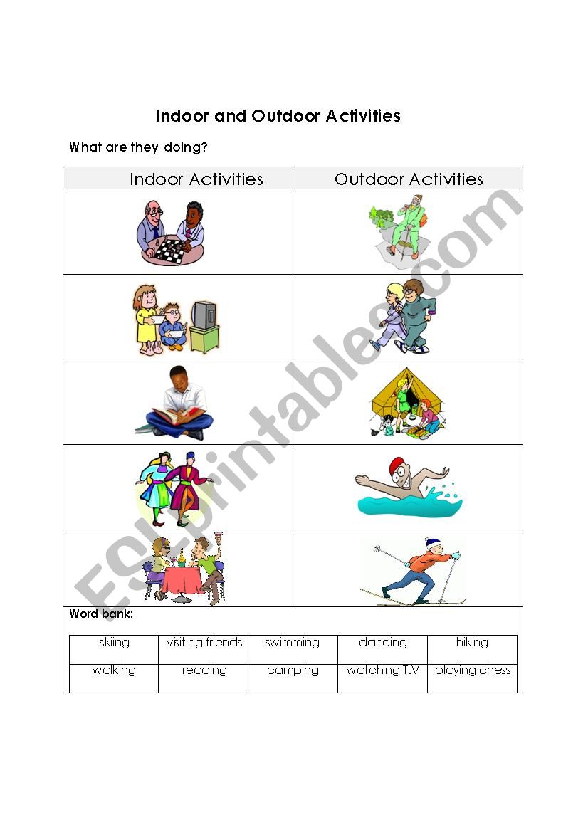 Indoor and Outdoor Activities ESL worksheet by husna