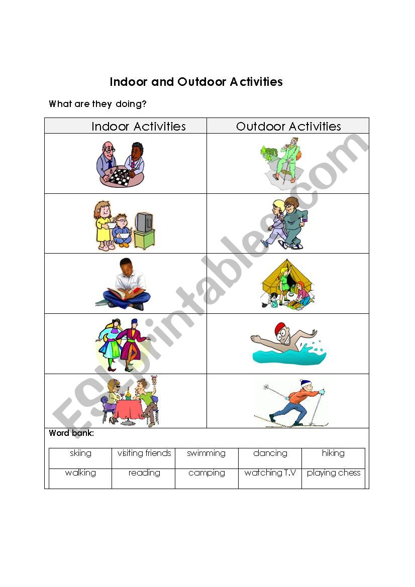 Indoor and Outdoor Activities worksheet