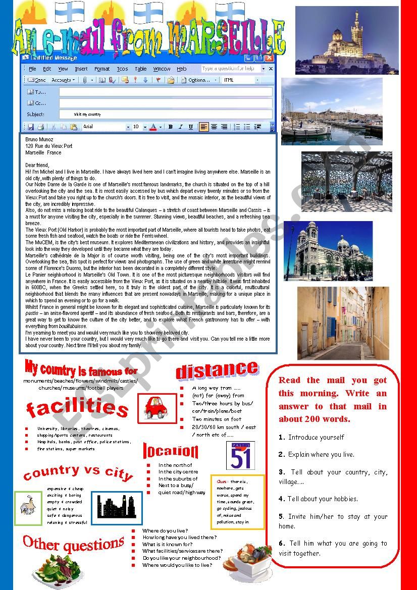An e-mail from Marseille. Reading and semi-guided writing.