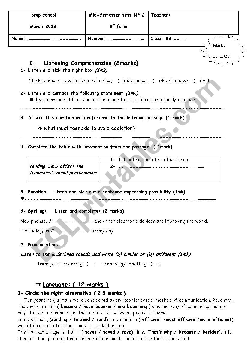 A mid semester test 9th form worksheet