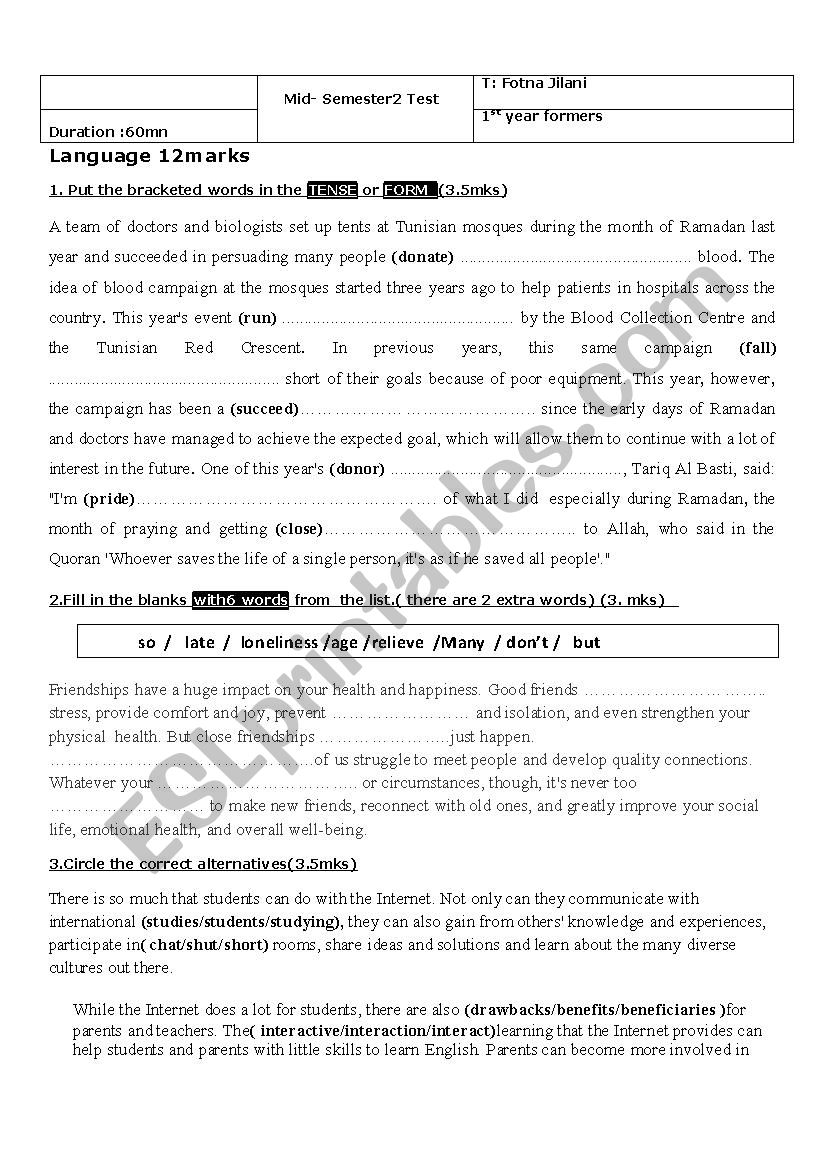 Mid semester 2test 1 worksheet