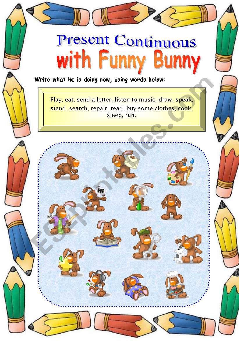 Present Continuous with Funny Bunny + 2 exercises (2 pages) - ESL worksheet  by Makol