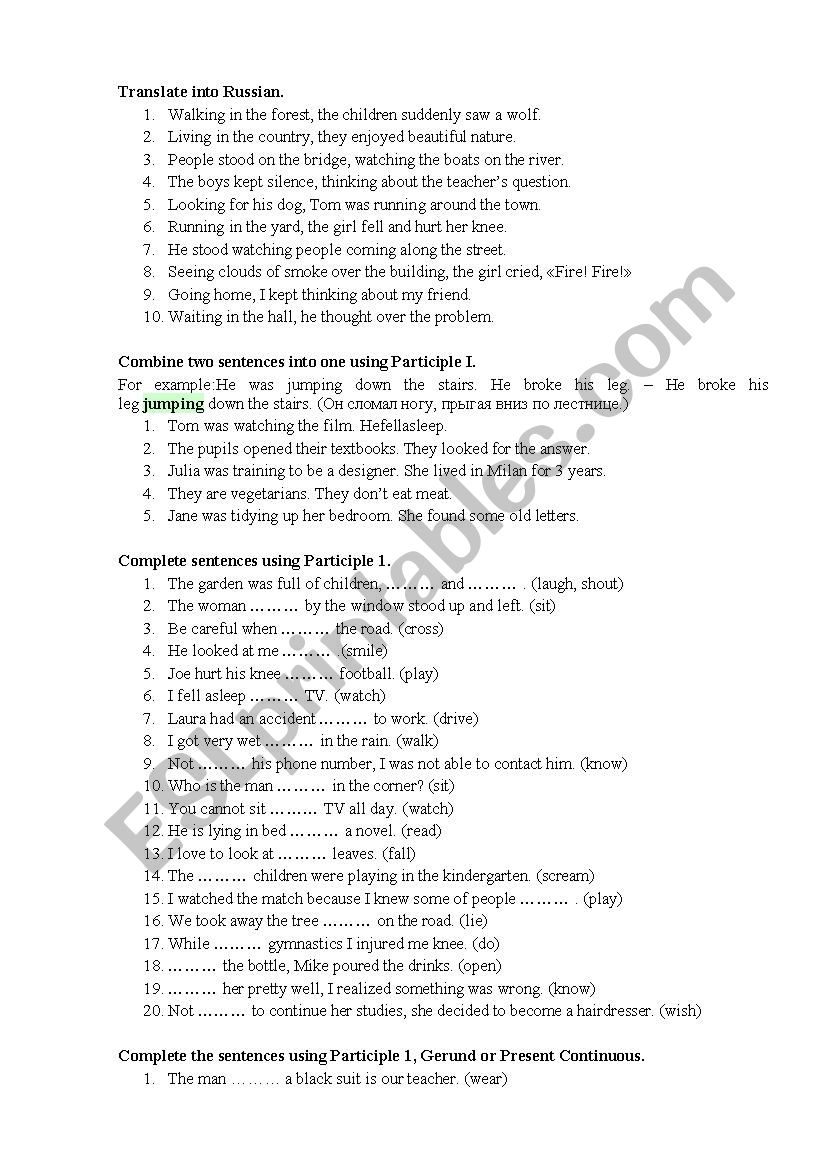 Participle1 worksheet