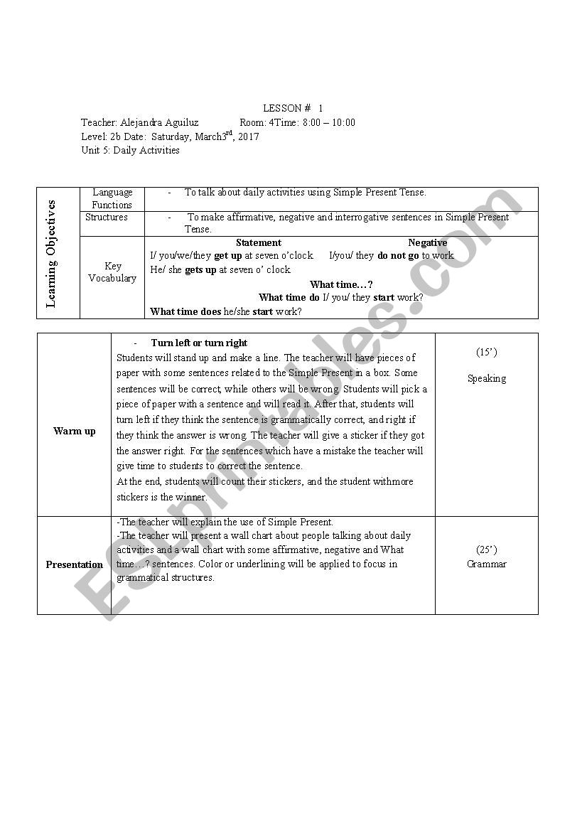 Lesson plan Simple Present Daily activities 