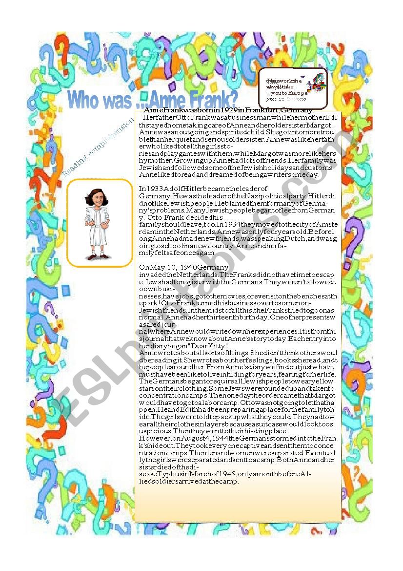 Who was Anne Frank ? worksheet