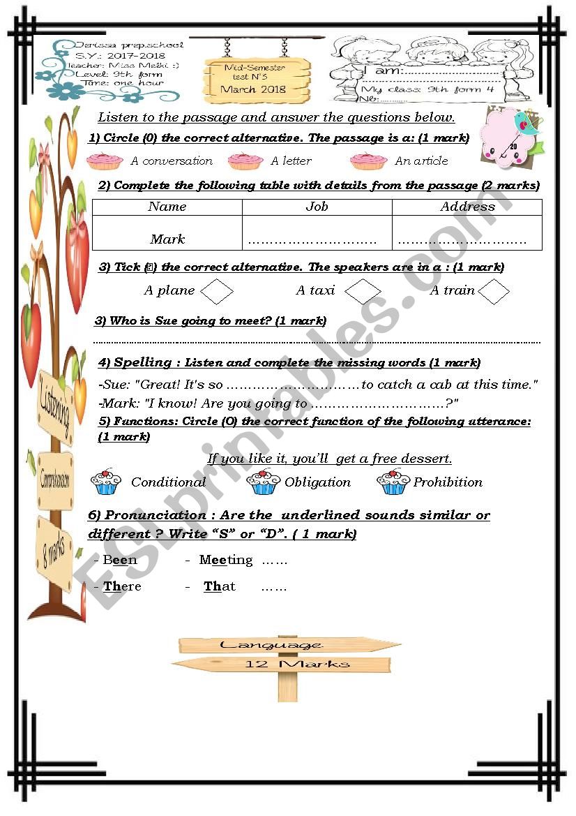 9th form test 3 2017-2018 worksheet