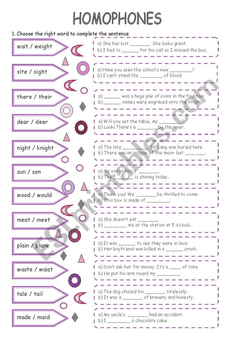 Homophones worksheet