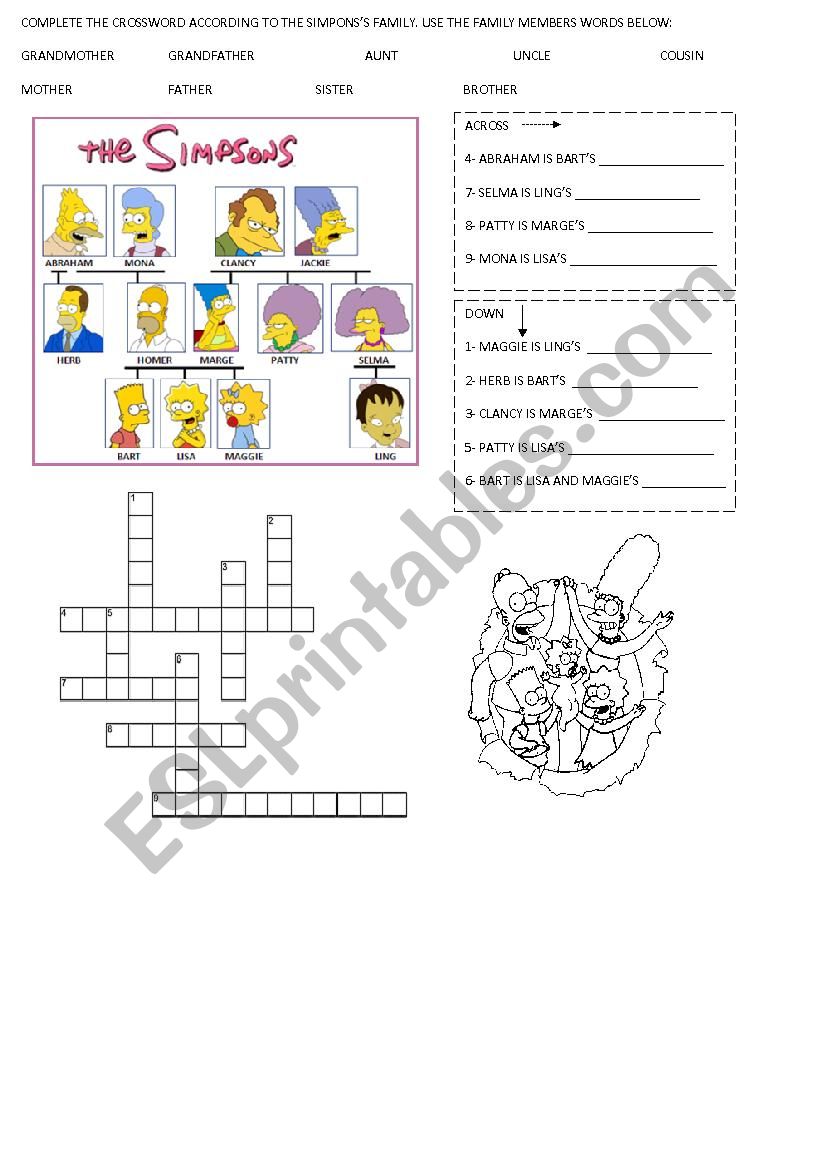 Simpsons family crossword worksheet