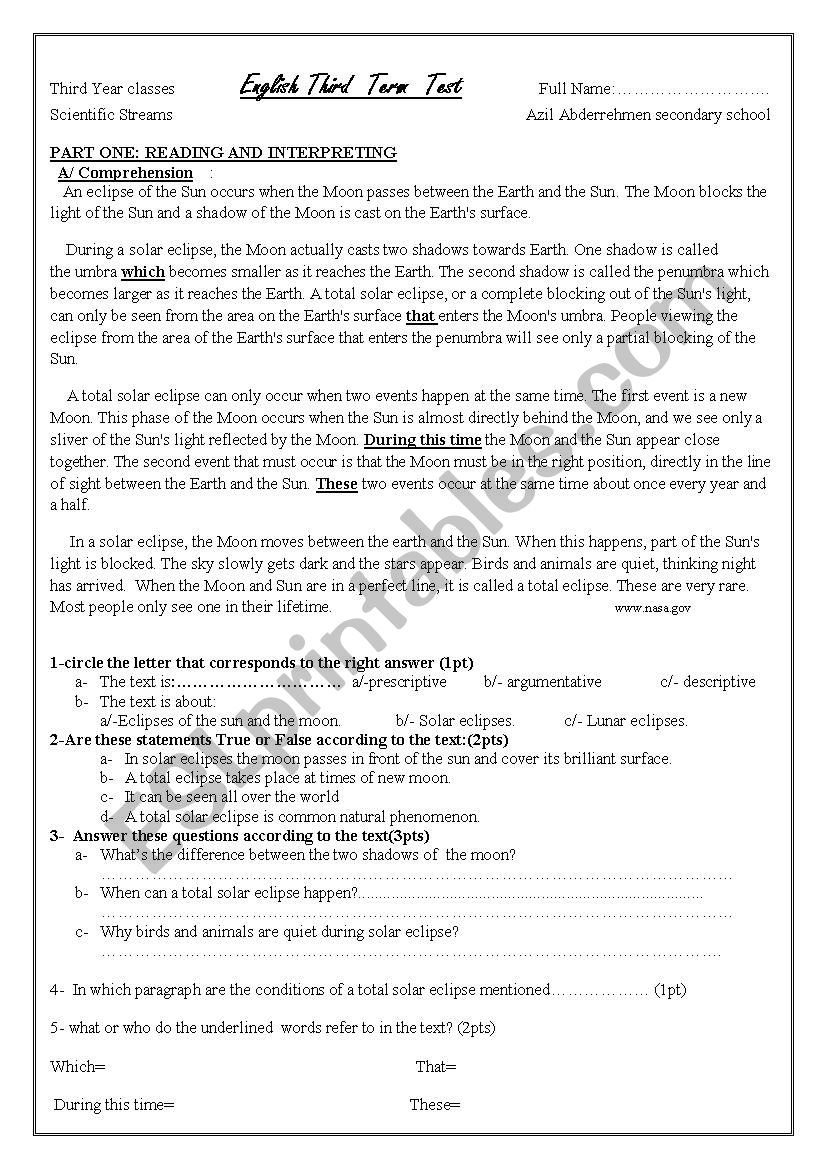 solar eclips test worksheet