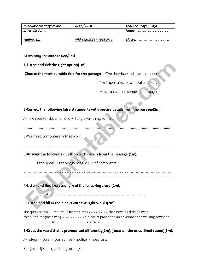 Mid-semester test n:2 worksheet