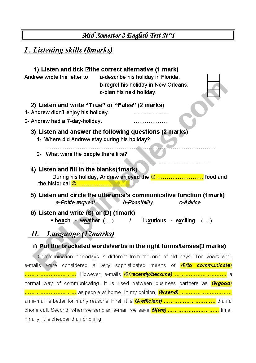 MID SEMESTER 2 eNGLISH TEST 1 FOR 9TH FORM