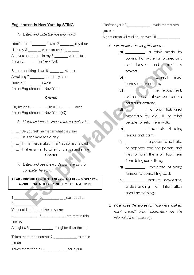 ENLISHMAN IN NEW YORK worksheet