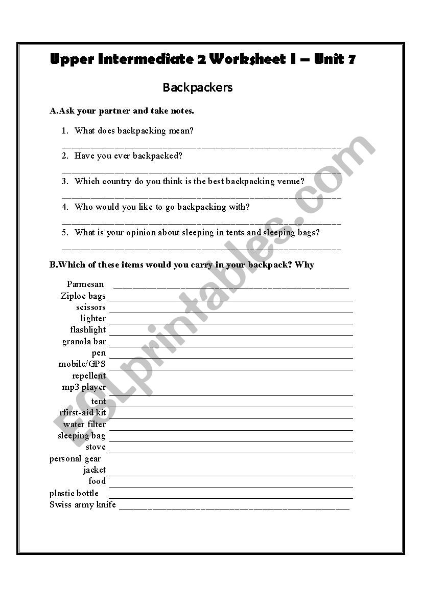 Backpacking worksheet