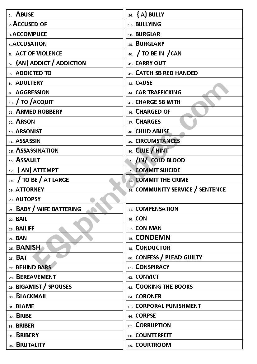 CRIME FCE / CAE vocab a full list