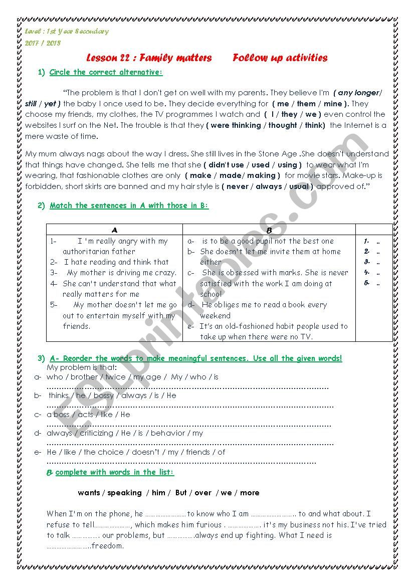 Family matters worksheet