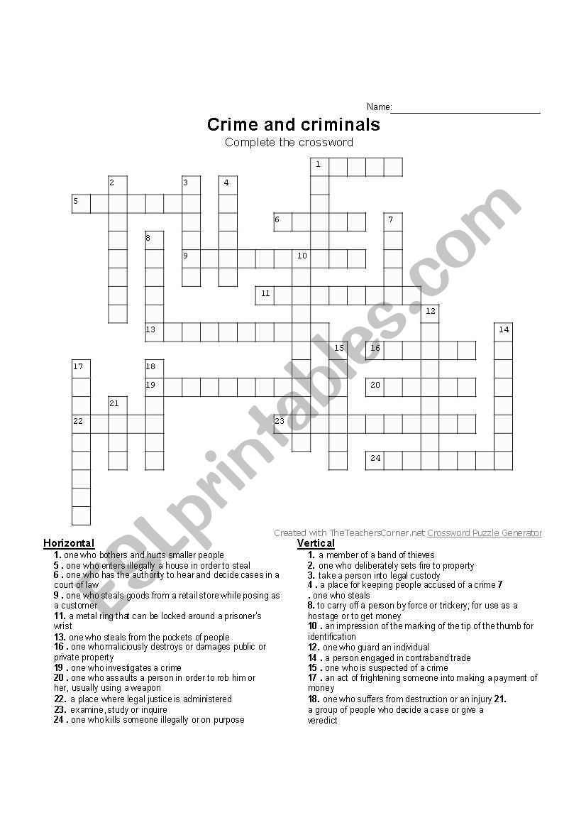 Crime crossword worksheet