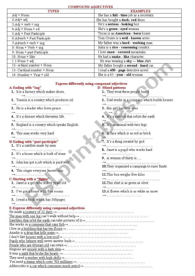 compound adjectives worksheet