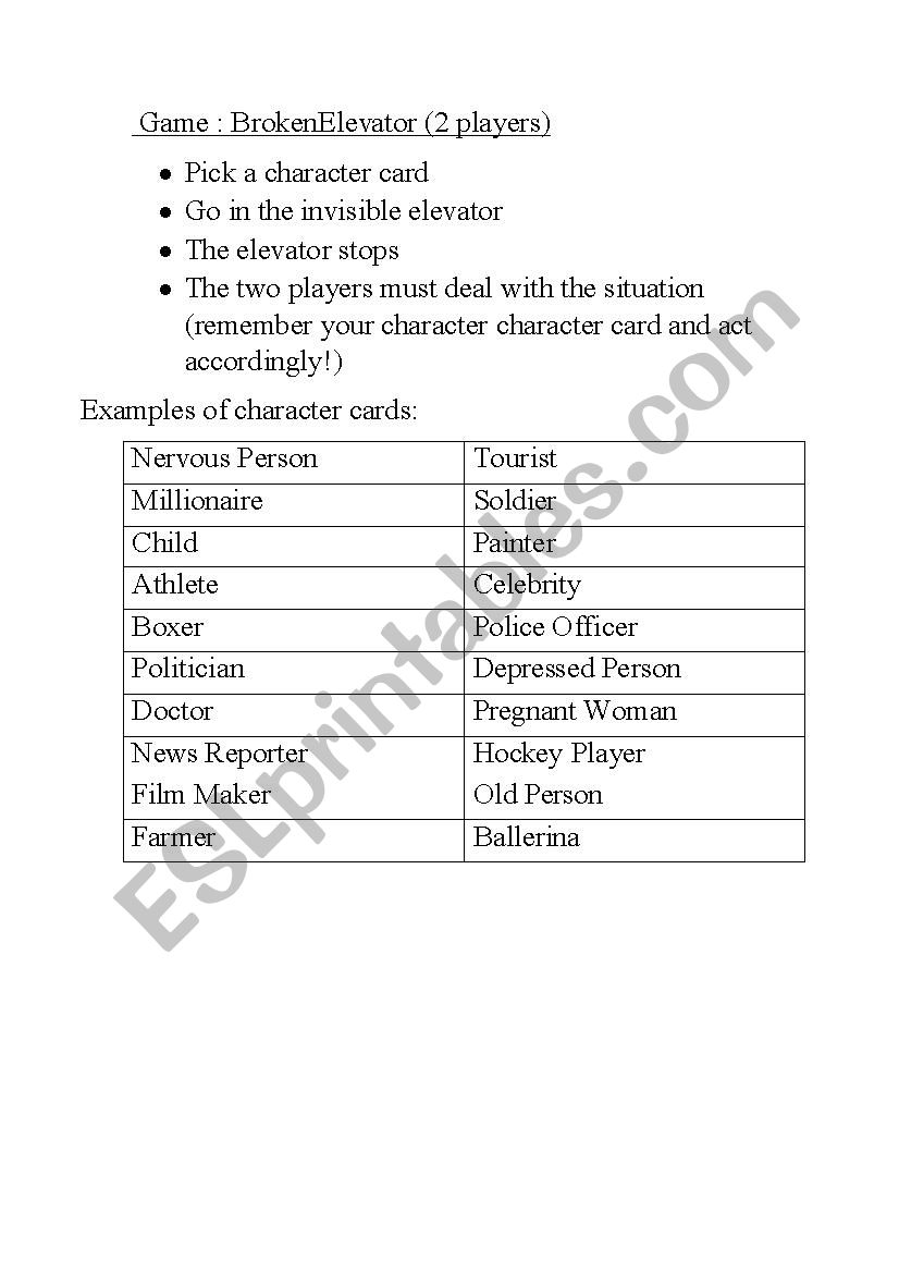 Improvisation Game worksheet