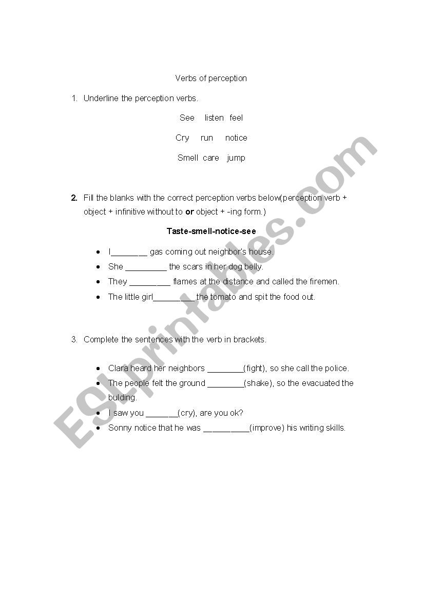 Verbs of perception worksheet