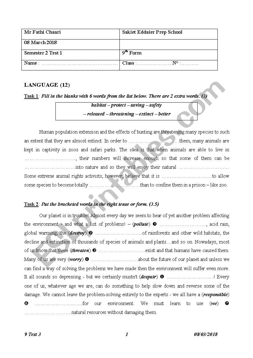 9 Smester 2 Test 1 worksheet