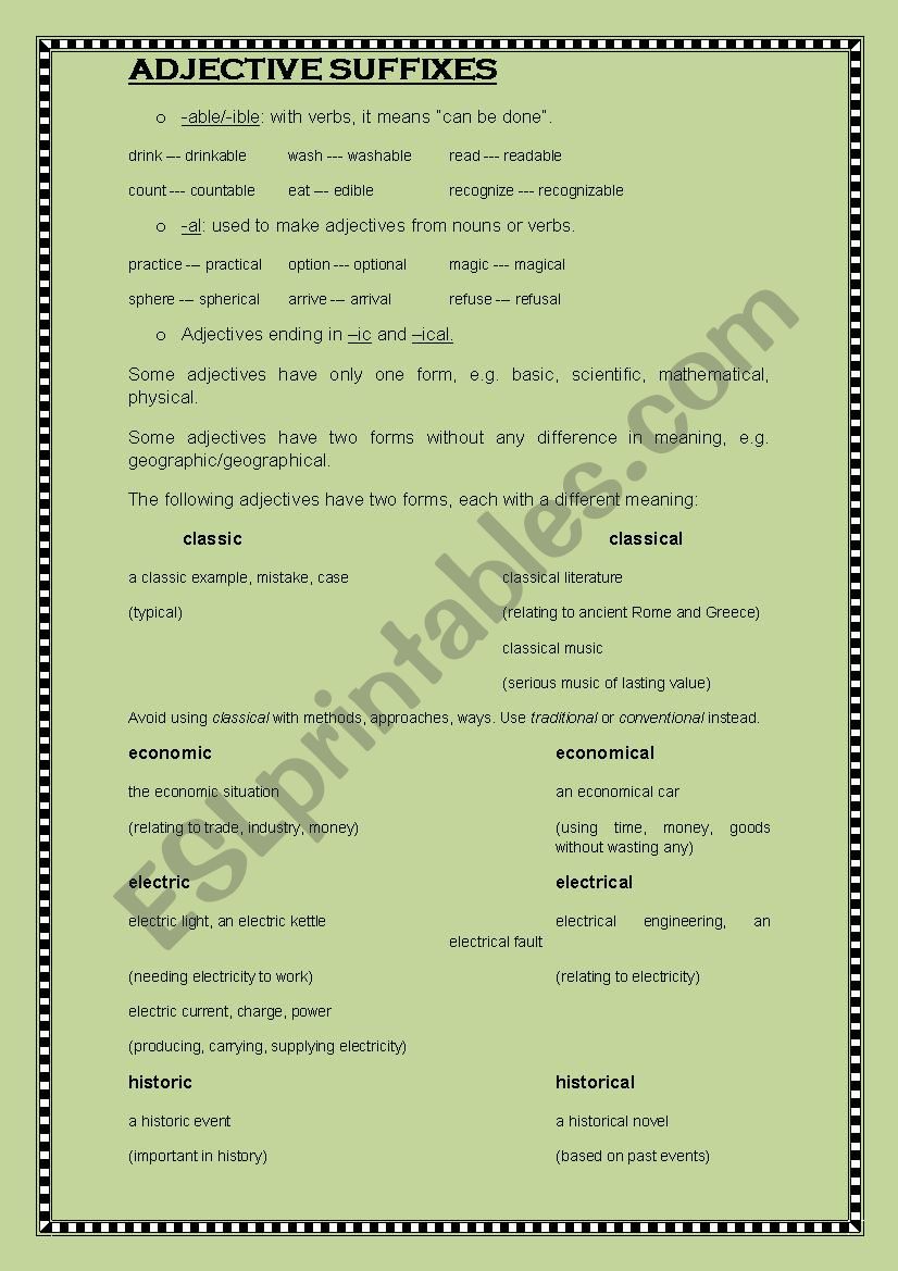Adjectives suffixes worksheet