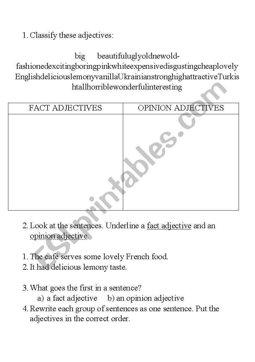 Order of adjectives worksheet