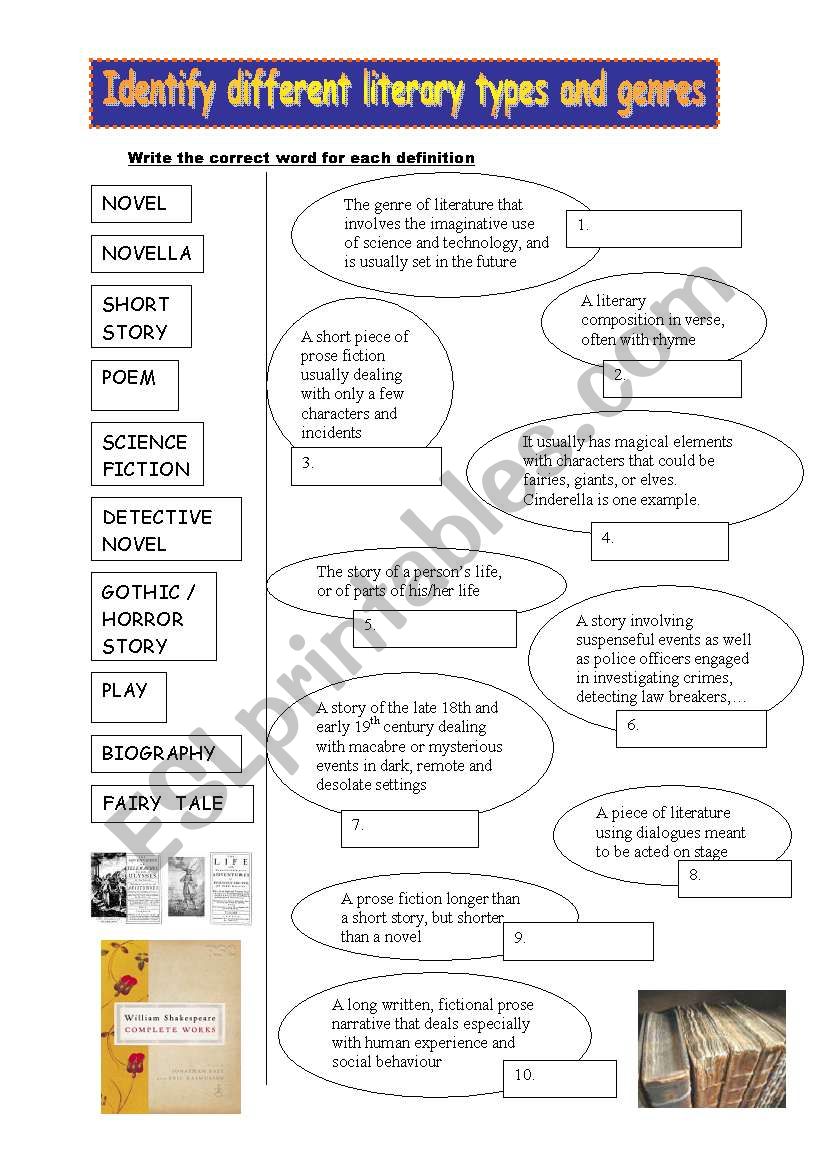 Identify different literary types and genres - ESL worksheet by Minie