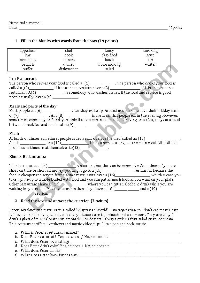 restaurant text worksheet