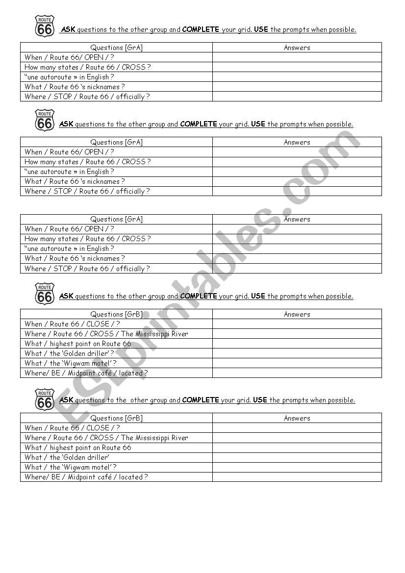 Route 66 pairwork worksheet