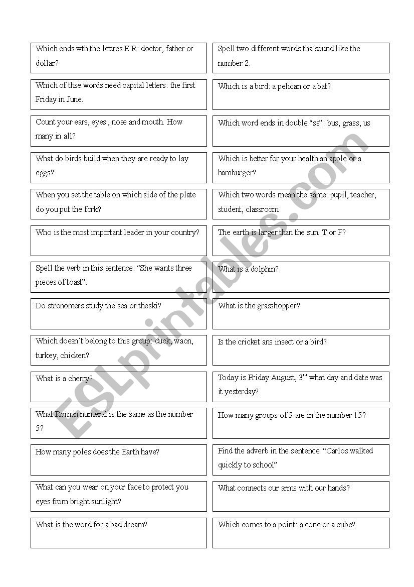 game worksheet