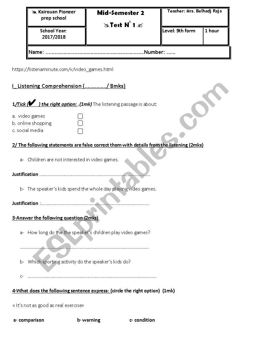 SEMESTER 2 TEST 1 GRADE 9 worksheet