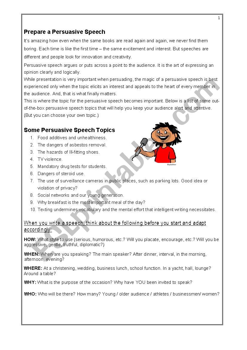 Persuasive Speech - ESL worksheet by bevm