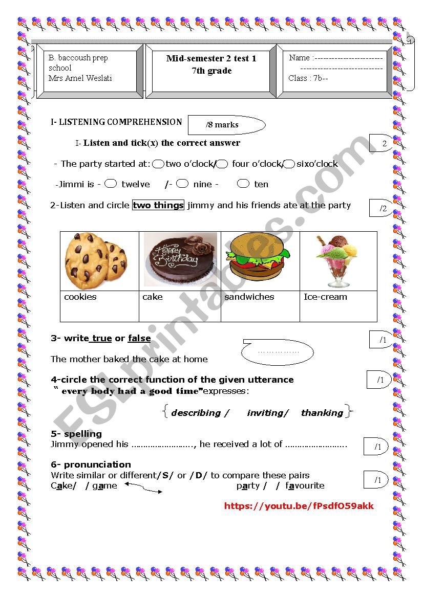 TEST 7th grade 2nd semester worksheet