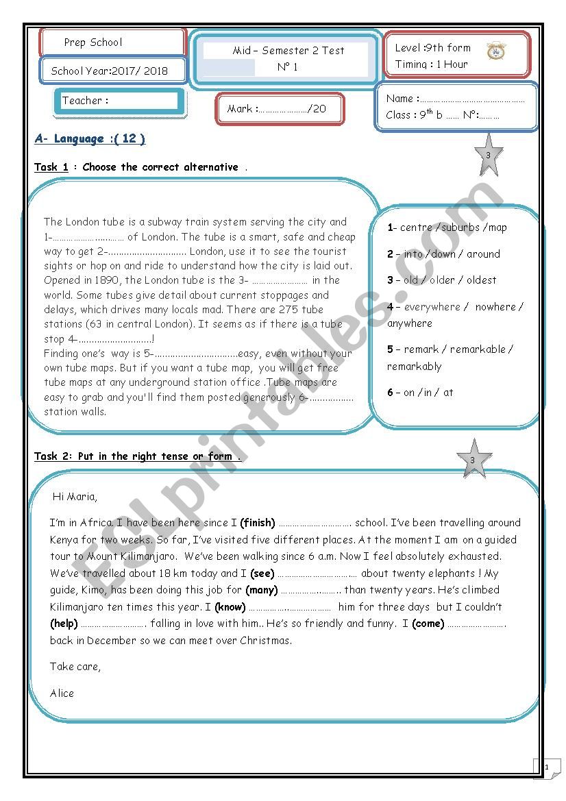 Mid-Semester 2 test n1 9th form