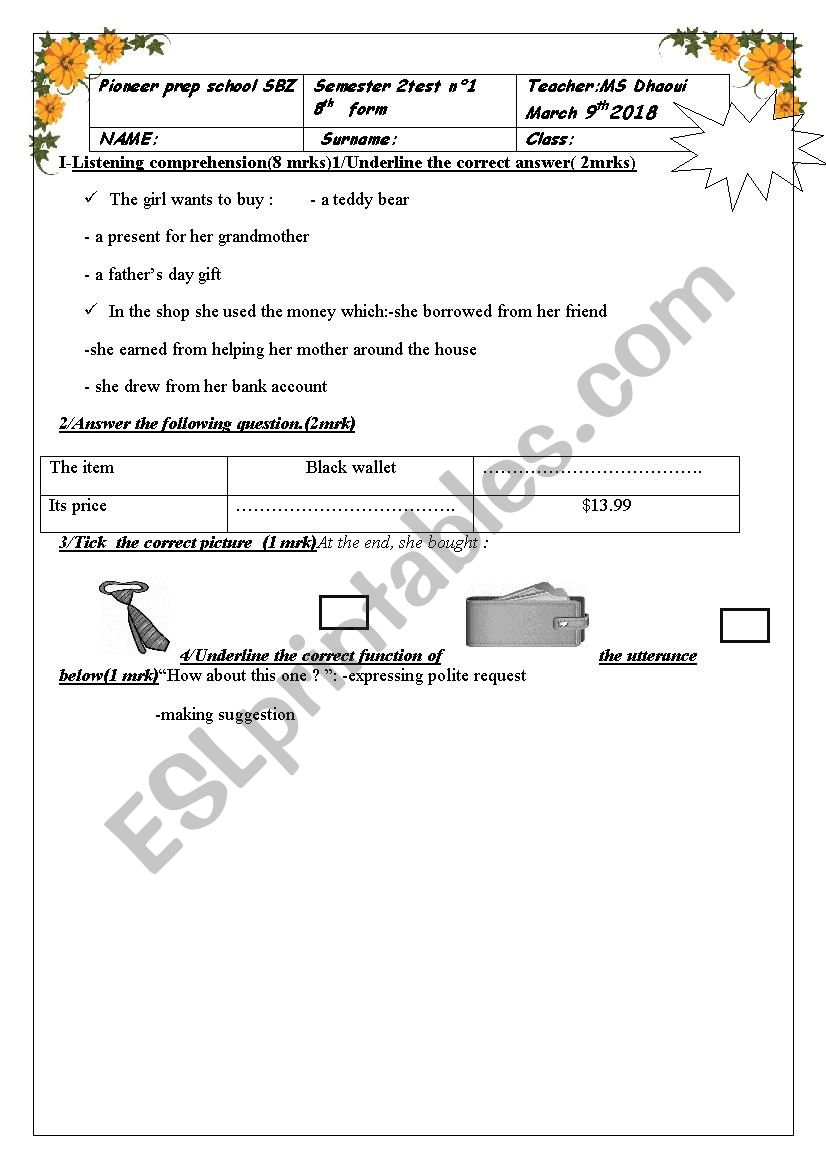 mid-semester2 test 1 Tunisian pupils 8th form