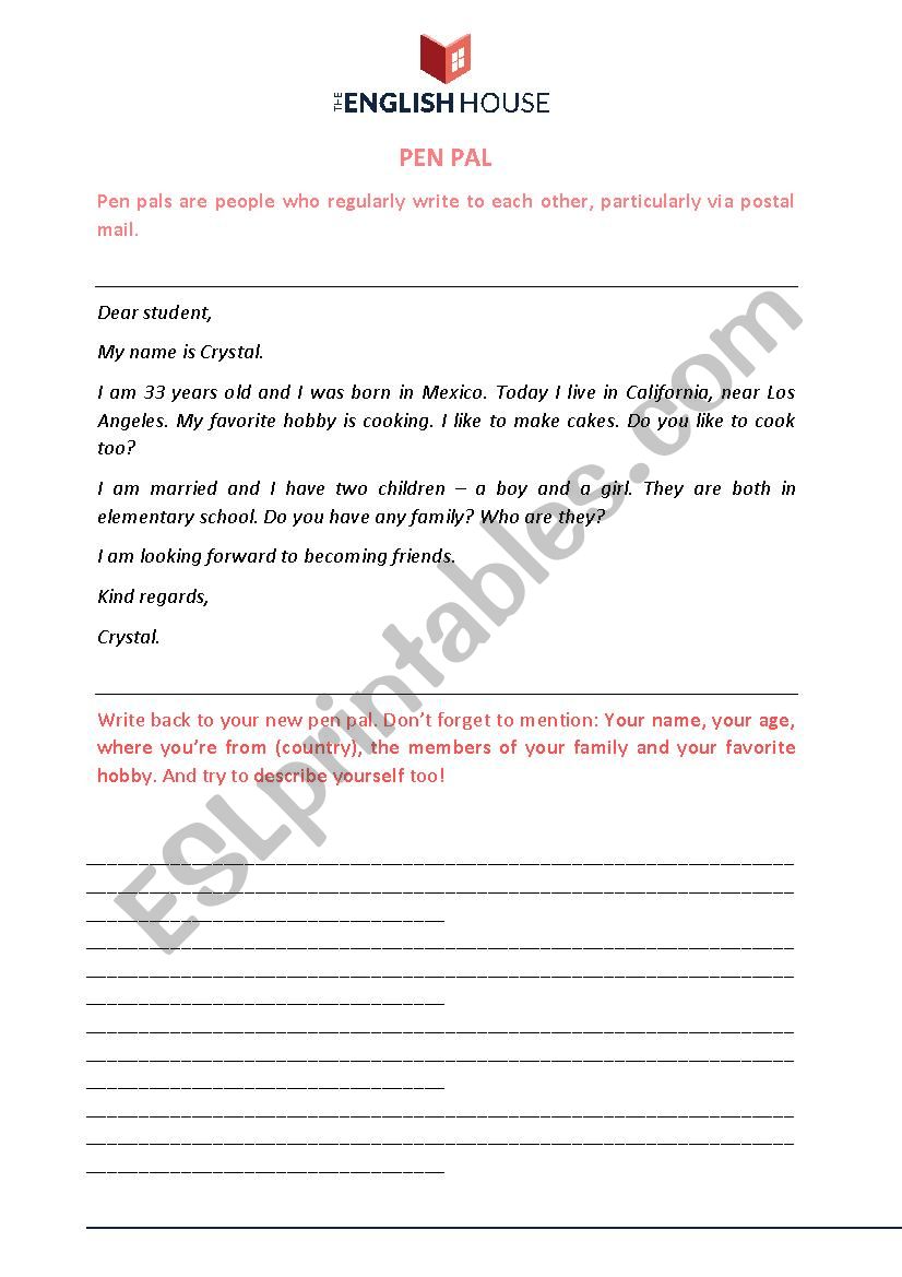 Pen Pal activity worksheet