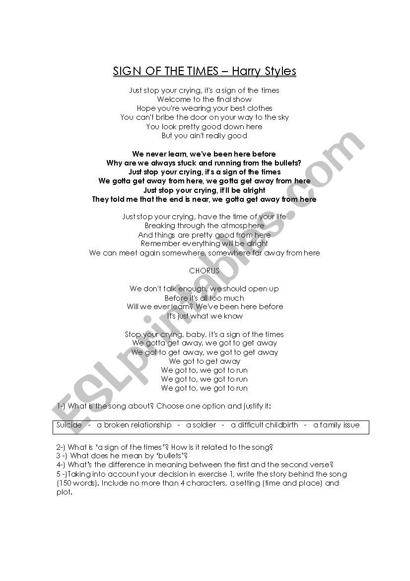 Sign of the times song worksheet