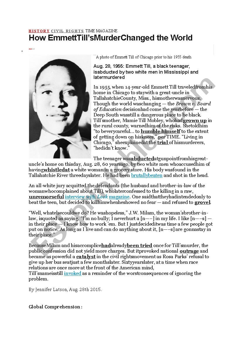 Emmett TillÂ´s murder case worksheet