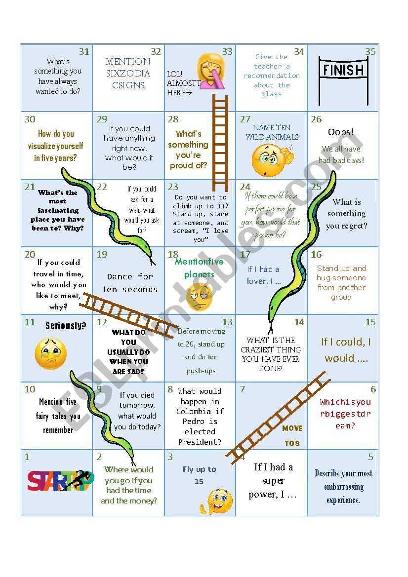 Snakes and Ladders worksheet