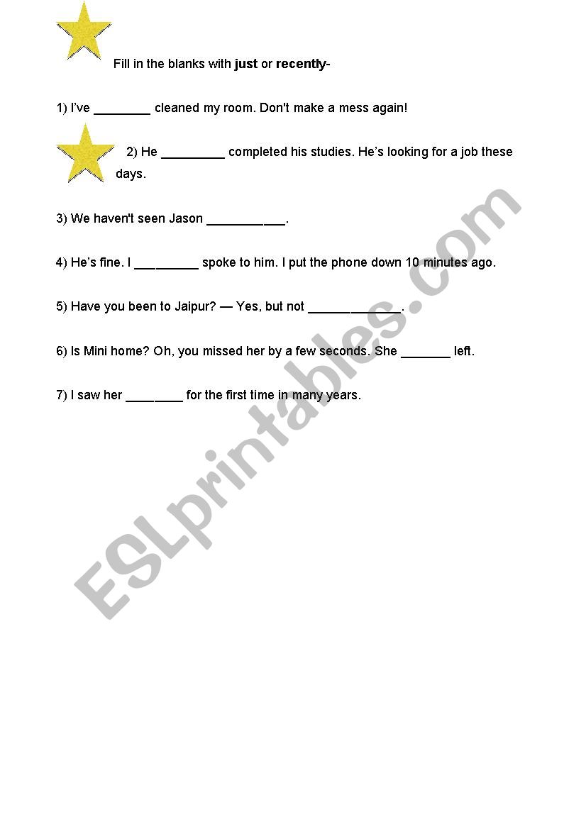Just and recently worksheet