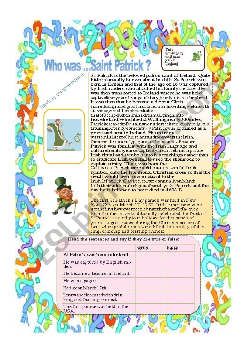 Who was Saint Patrick ? worksheet
