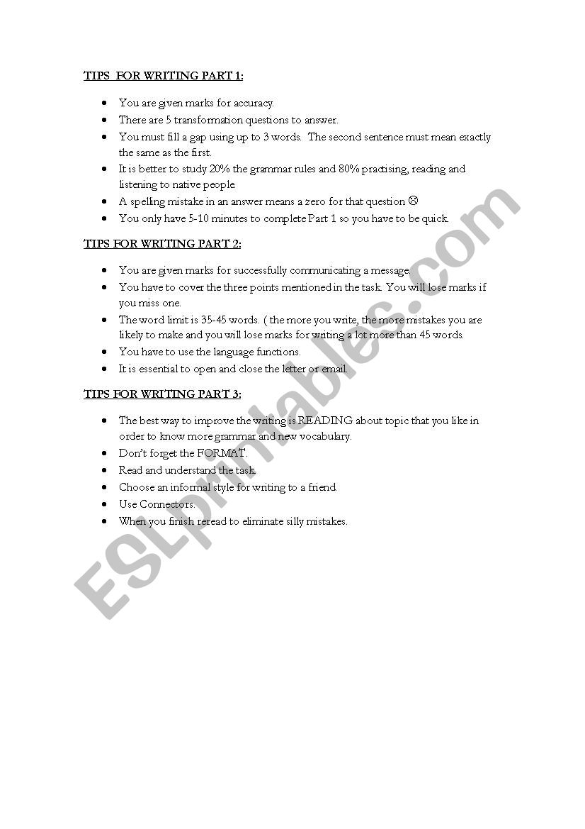 Tips writing parts 1,2,3 PET worksheet