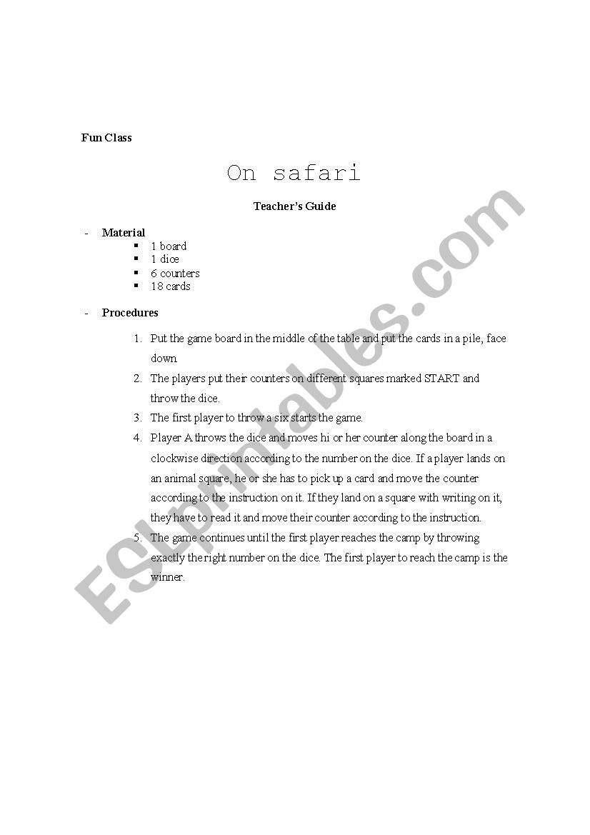 On safari worksheet