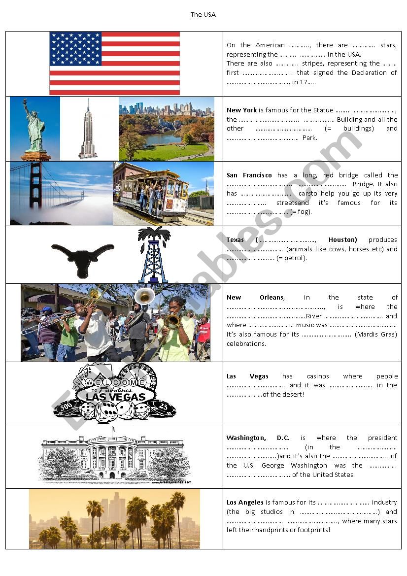 The USA - fill in the gap worksheet