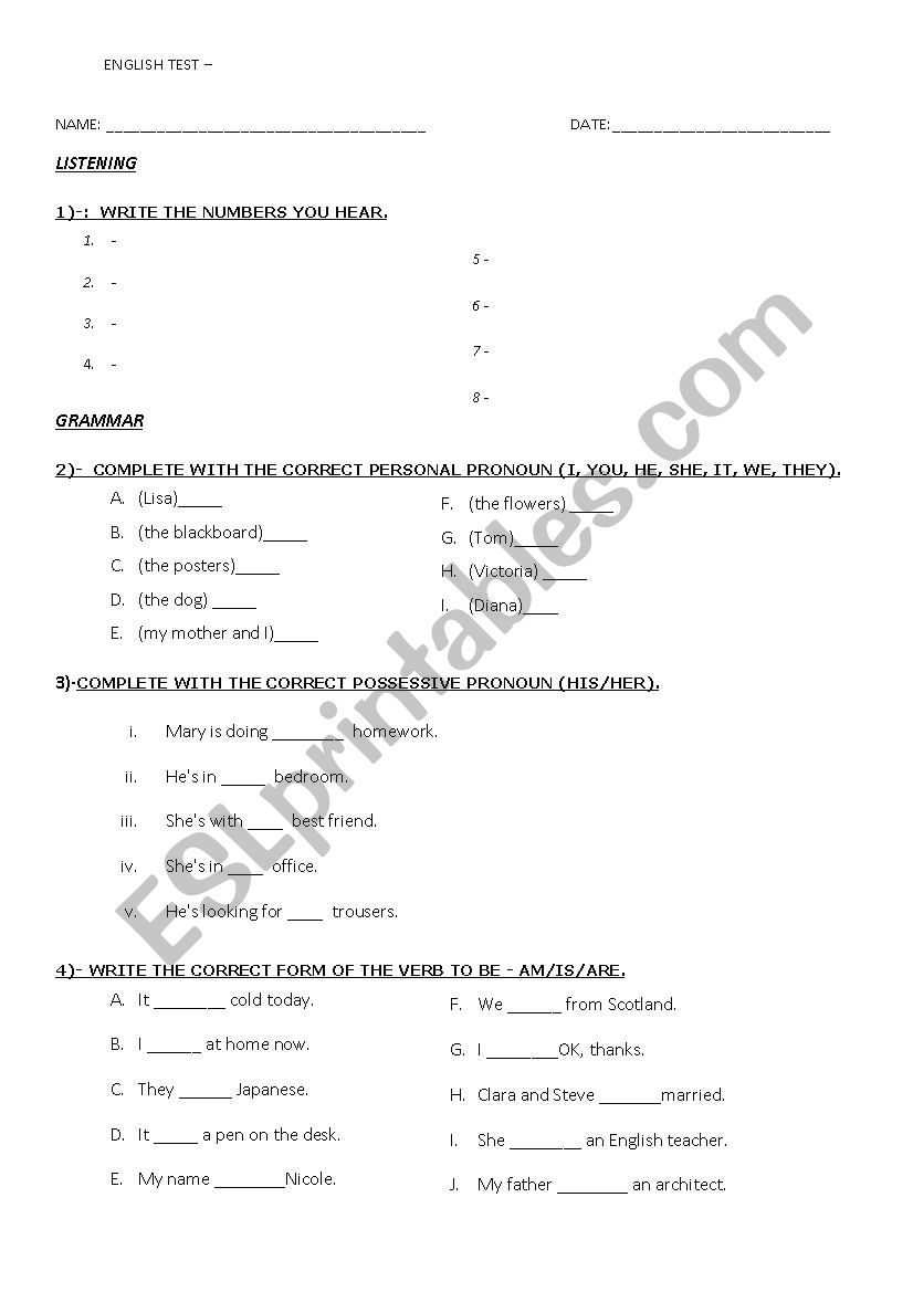 Elementary TEST worksheet