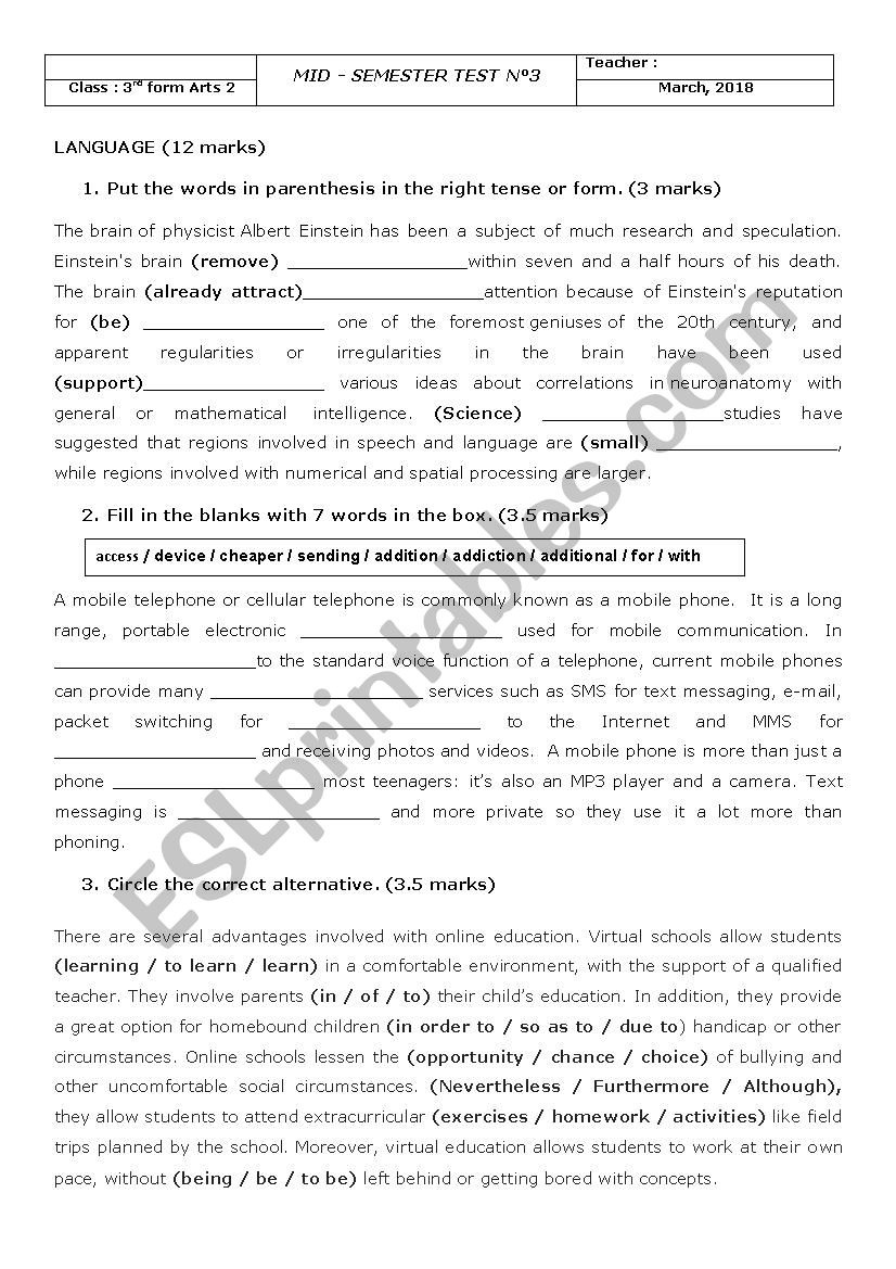 3rd form test second semester 